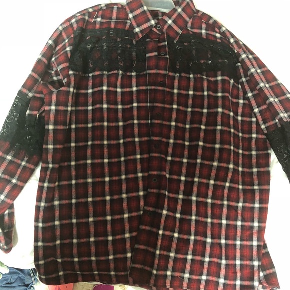 Size L plaid shirt with black lace accents! - Picture 2 of 2